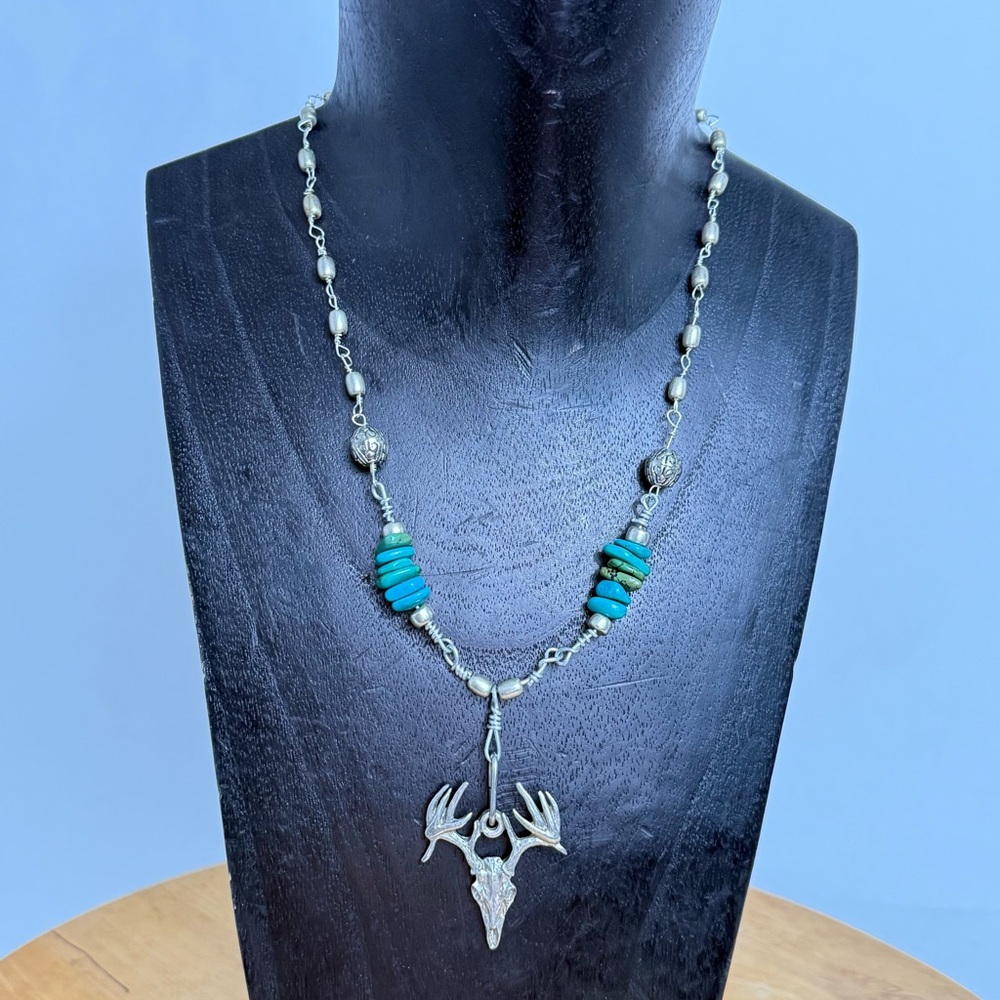 Deer Skull Antler “The Hunters Pendant” Style Sterling Silver Turquoise Necklace